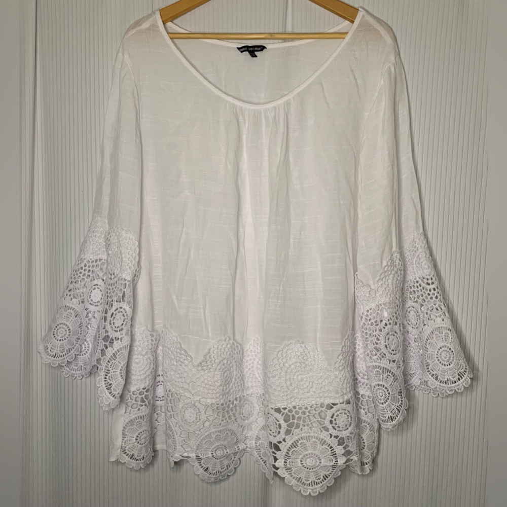 Unique Spectrum - White Light Weight Scoop Neck Blouse With Lace Detail - 3X